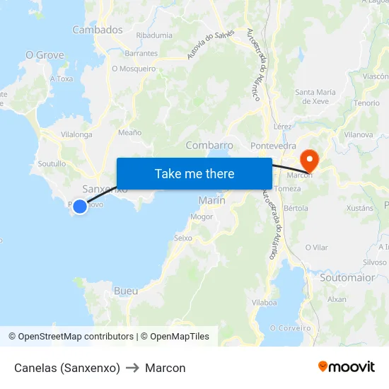 Canelas (Sanxenxo) to Marcon map