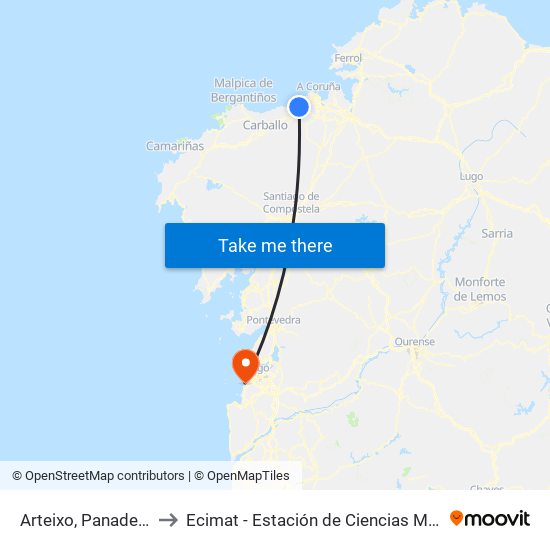 Arteixo, Panadería Rozas to Ecimat - Estación de Ciencias Mariñas de Toralla map