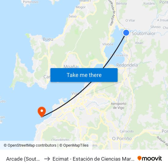 Arcade (Soutomaior) to Ecimat - Estación de Ciencias Mariñas de Toralla map