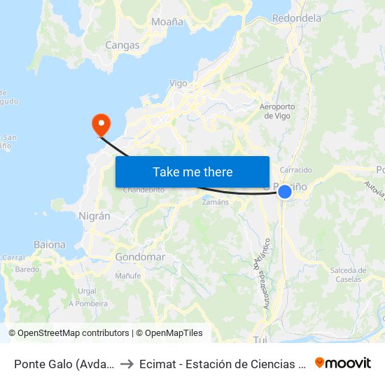 Avenida de Galicia (O Porriño) to Ecimat - Estación de Ciencias Mariñas de Toralla map