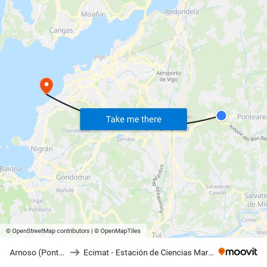 Arnoso (Ponteareas) to Ecimat - Estación de Ciencias Mariñas de Toralla map