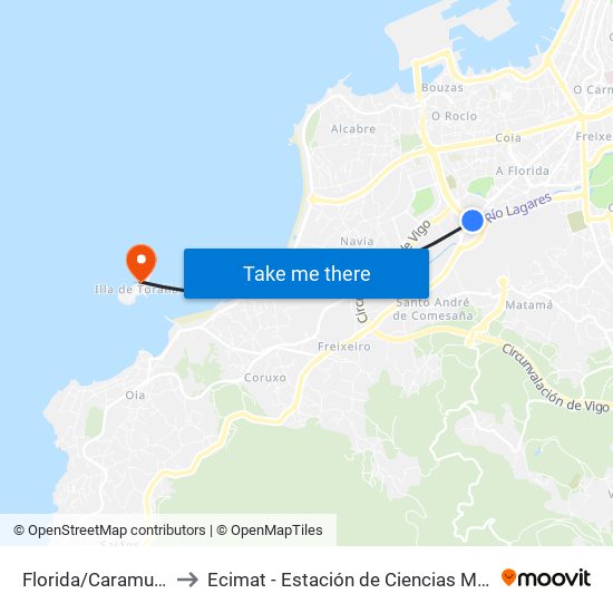 Florida/Caramuxo (Vigo) to Ecimat - Estación de Ciencias Mariñas de Toralla map