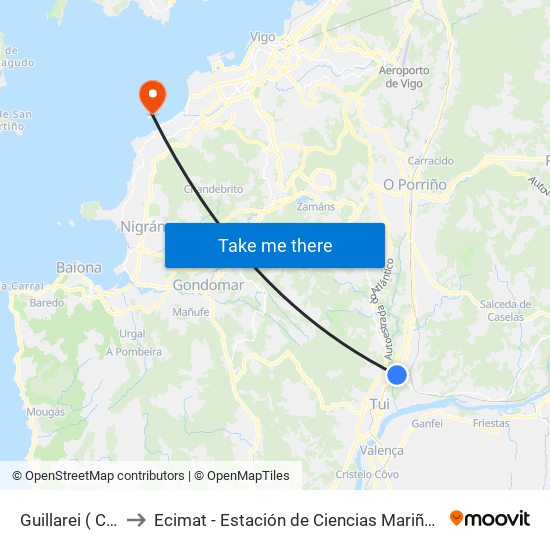 Guillarei ( Cruce) to Ecimat - Estación de Ciencias Mariñas de Toralla map