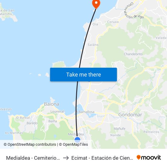 Medialdea - Cemiterio de Belesar (Baiona) to Ecimat - Estación de Ciencias Mariñas de Toralla map