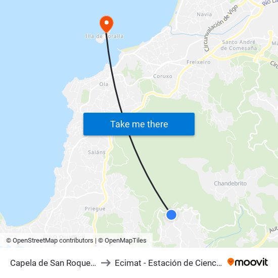 Capela de San Roque - Camos (Nigrán) to Ecimat - Estación de Ciencias Mariñas de Toralla map
