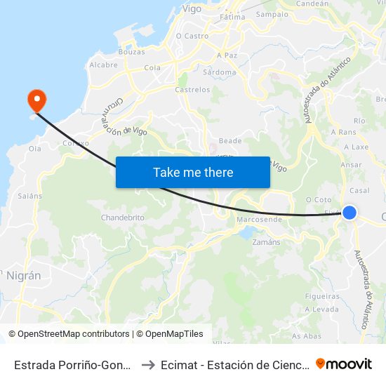 Estrada Porriño-Gondomar - Atín (Mos) to Ecimat - Estación de Ciencias Mariñas de Toralla map