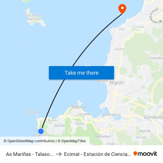 As Mariñas - Talaso Atlántico (Oia) to Ecimat - Estación de Ciencias Mariñas de Toralla map