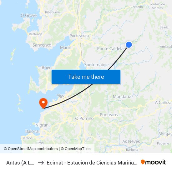 Antas (A Lama) to Ecimat - Estación de Ciencias Mariñas de Toralla map