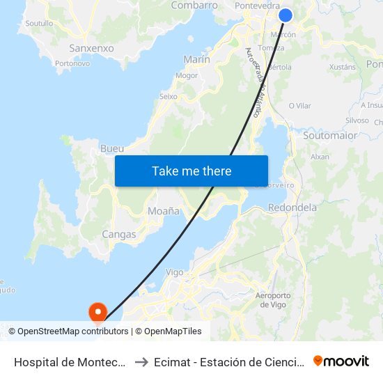 Hospital de Montecelo (Pontevedra) to Ecimat - Estación de Ciencias Mariñas de Toralla map