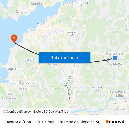 Tanatorio (Ponteareas) to Ecimat - Estación de Ciencias Mariñas de Toralla map