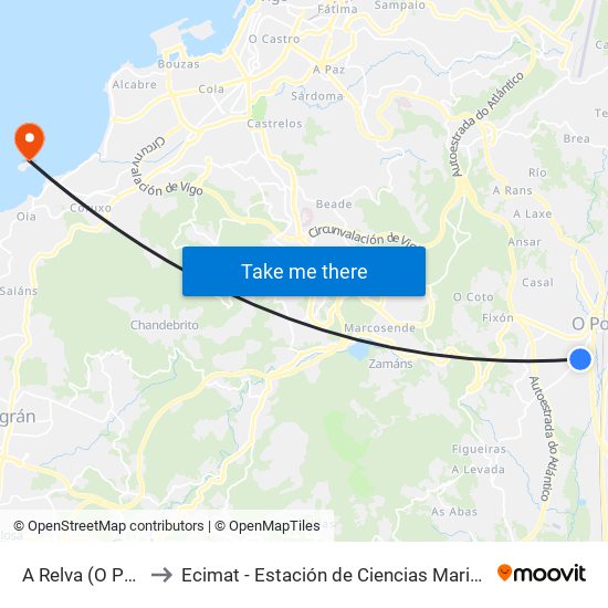 A Relva (O Porriño) to Ecimat - Estación de Ciencias Mariñas de Toralla map