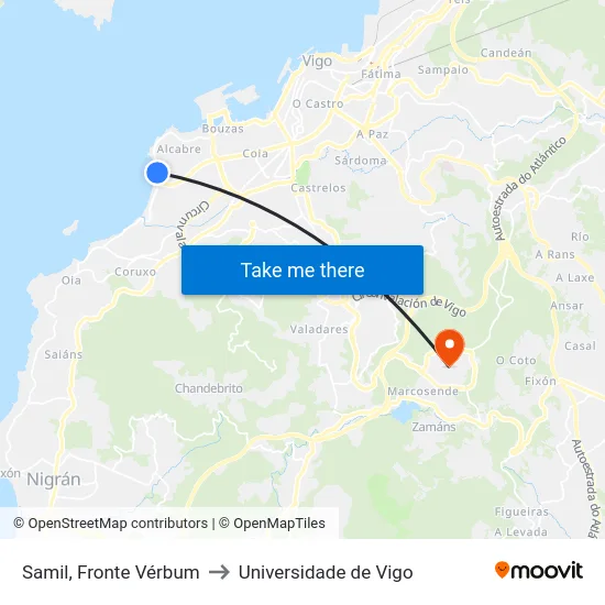 Samil, Fronte Vérbum to Universidade de Vigo map