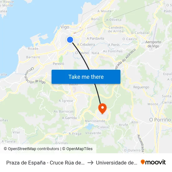 Praza de España - Cruce Rúa de Pizarro to Universidade de Vigo map