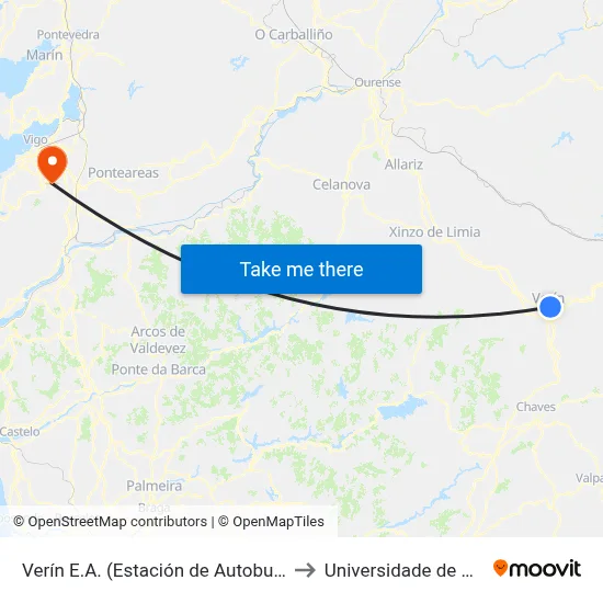 Verín E.A. (Estación de Autobuses) to Universidade de Vigo map