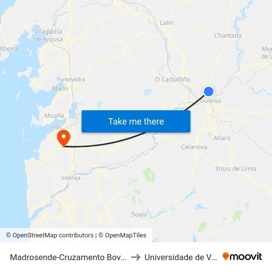 Madrosende-Cruzamento Boveda to Universidade de Vigo map