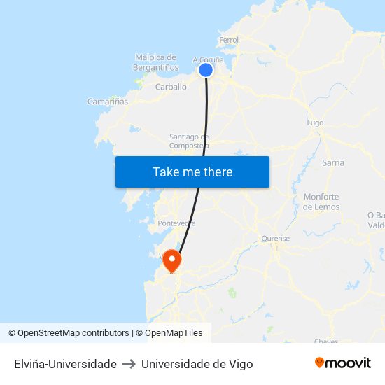 Elviña-Universidade to Universidade de Vigo map