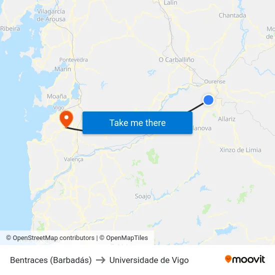 Bentraces (Barbadás) to Universidade de Vigo map