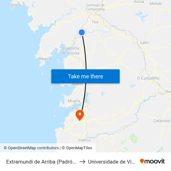 Extramundi de Arriba (Padrón) to Universidade de Vigo map