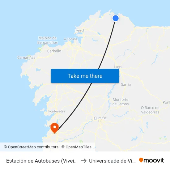 Estación de Autobuses (Viveiro) to Universidade de Vigo map