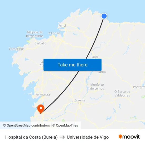 Hospital da Costa (Burela) to Universidade de Vigo map