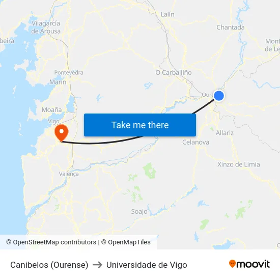 Canibelos (Ourense) to Universidade de Vigo map