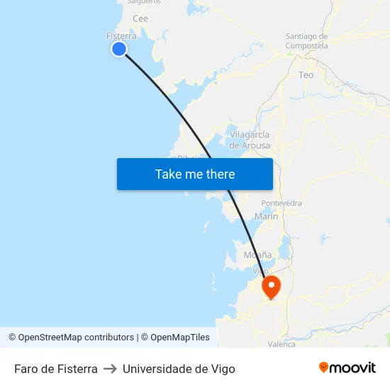 Faro de Fisterra to Universidade de Vigo map