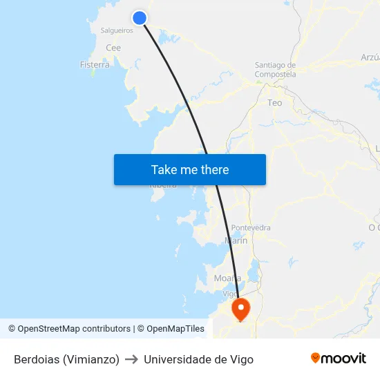 Berdoias (Vimianzo) to Universidade de Vigo map
