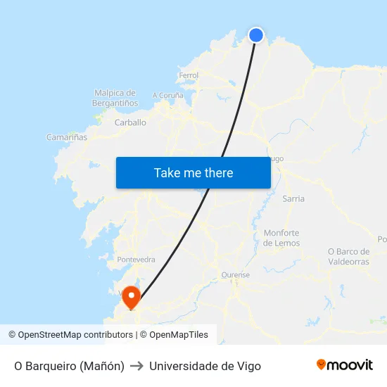 O Barqueiro (Mañón) to Universidade de Vigo map