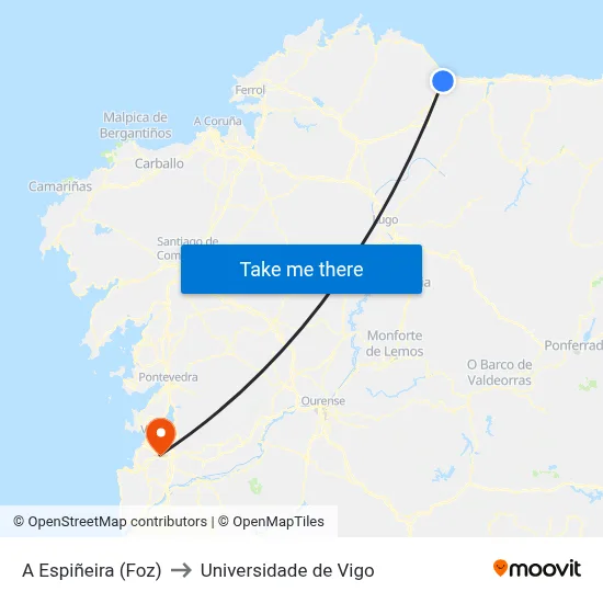 A Espiñeira (Foz) to Universidade de Vigo map