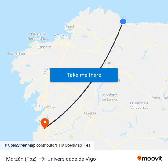 Marzán (Foz) to Universidade de Vigo map