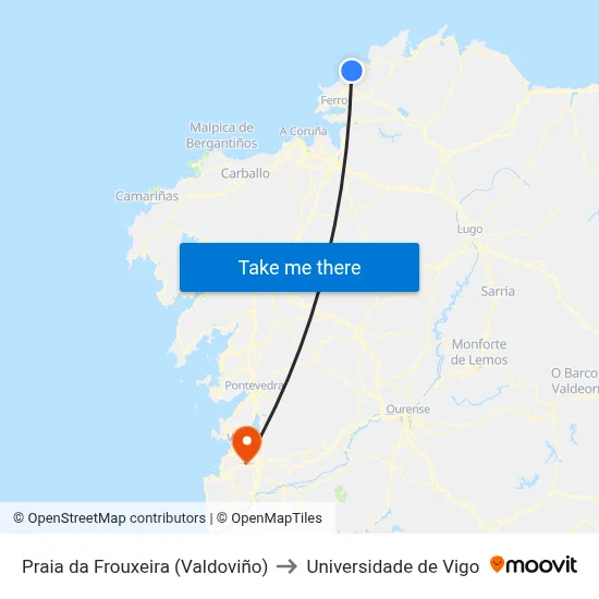 Praia da Frouxeira (Valdoviño) to Universidade de Vigo map