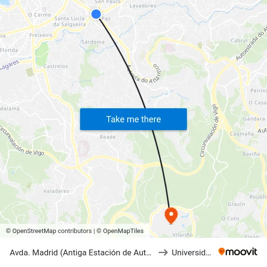Avda. Madrid (Antiga Estación de Autobuses) // O San Roque de Abaixo to Universidade de Vigo map