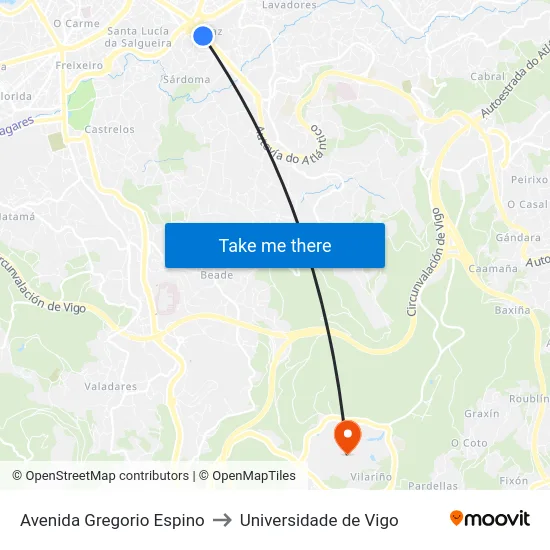 Avenida Gregorio Espino to Universidade de Vigo map