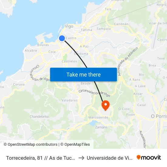 Torrecedeira, 81 // As de Tuche to Universidade de Vigo map