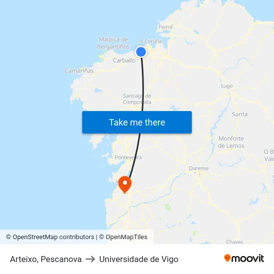 Arteixo, Pescanova to Universidade de Vigo map