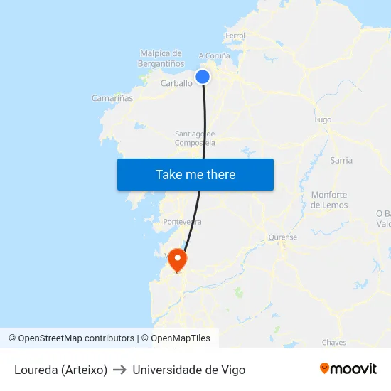 Loureda (Arteixo) to Universidade de Vigo map