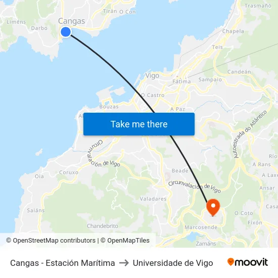 Cangas - Estación Marítima to Universidade de Vigo map