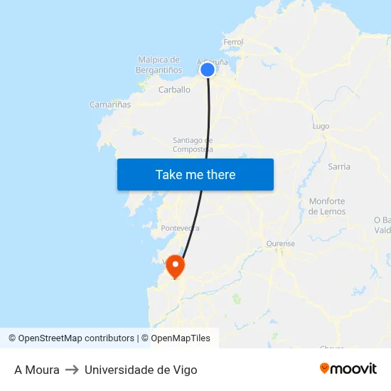 A Moura to Universidade de Vigo map