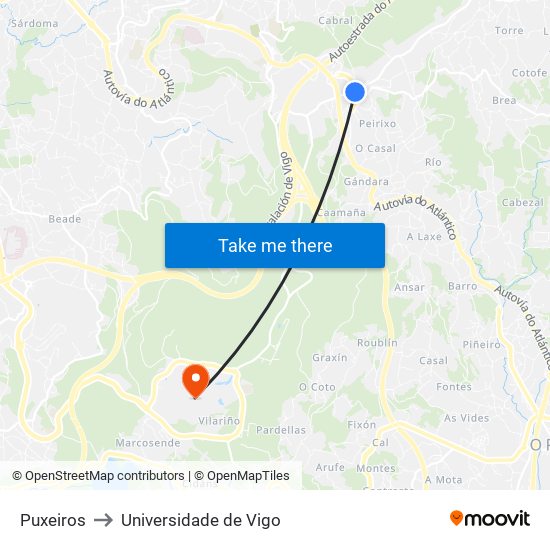 Puxeiros to Universidade de Vigo map