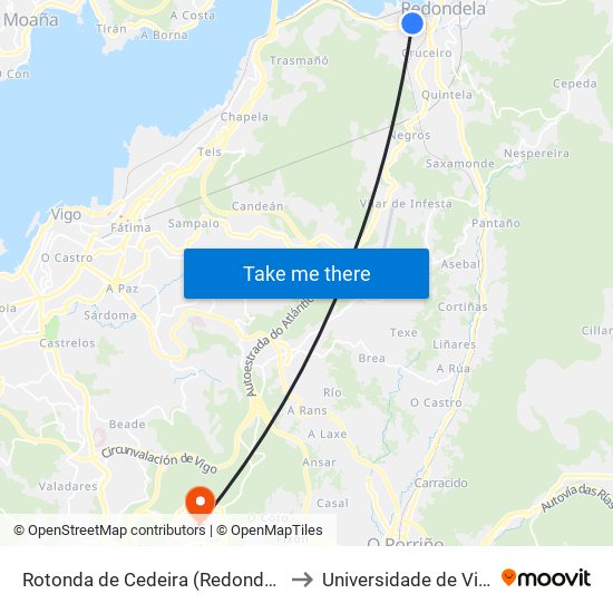 Rotonda de Cedeira (Redondela) to Universidade de Vigo map