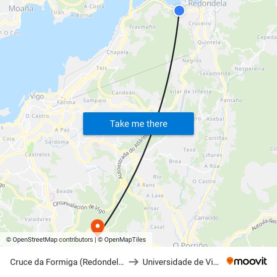 Cruce da Formiga (Redondela) to Universidade de Vigo map