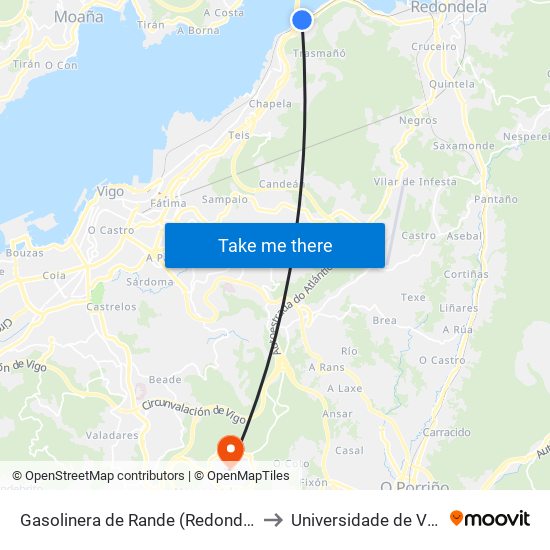 Gasolinera de Rande (Redondela) to Universidade de Vigo map