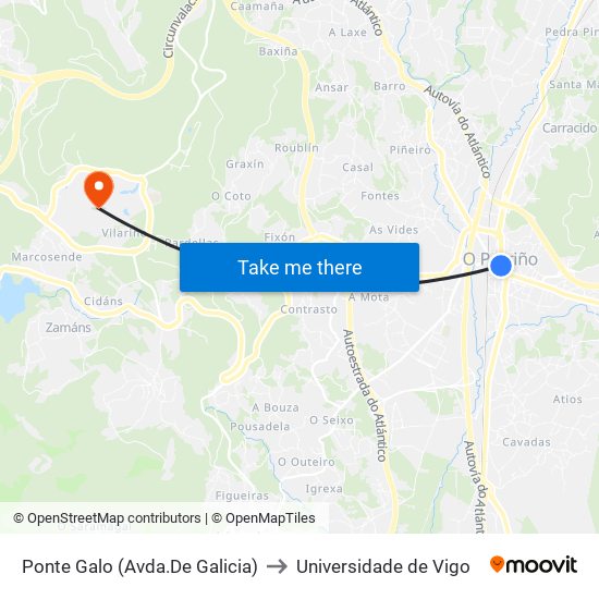 Ponte Galo (Avda.De Galicia) to Universidade de Vigo map