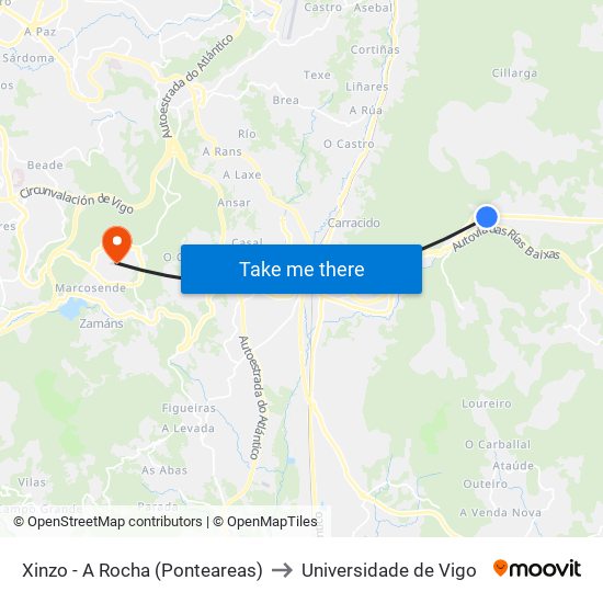 Xinzo - A Rocha (Ponteareas) to Universidade de Vigo map