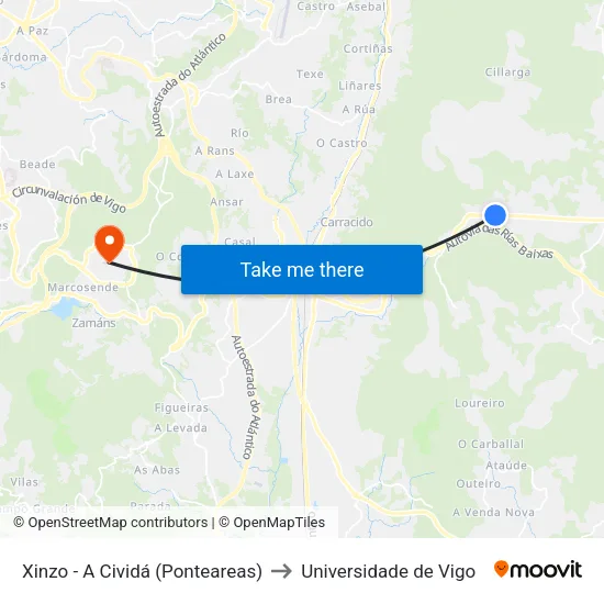 Xinzo - A Cividá (Ponteareas) to Universidade de Vigo map
