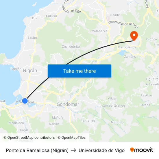 Ponte da Ramallosa (Nigrán) to Universidade de Vigo map