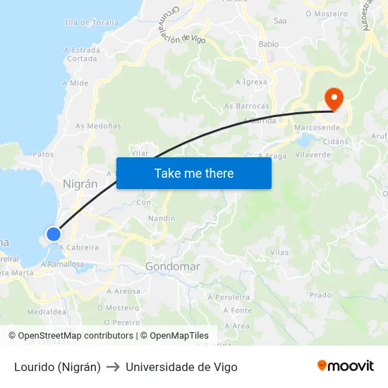 Lourido (Nigrán) to Universidade de Vigo map