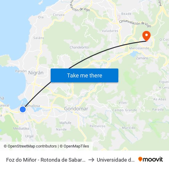 Sabarís - Cruce Praia Ladeira (Baiona) to Universidade de Vigo map