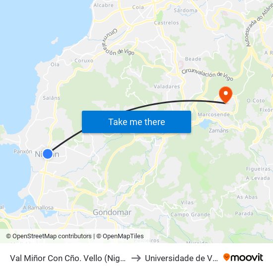 Val Miñor Con Cño. Vello (Nigrán) to Universidade de Vigo map