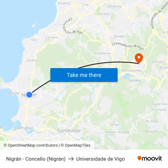 Nigrán - Concello (Nigrán) to Universidade de Vigo map